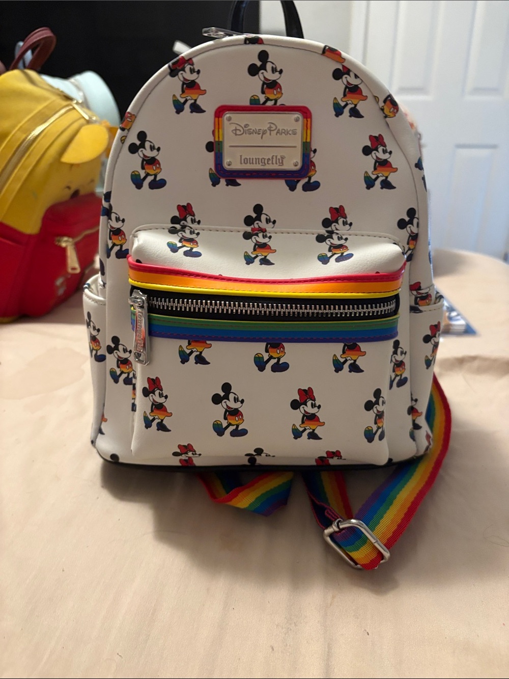 Loungefly White Minnie & Mickey Rainbow Strap Mini Backpack
